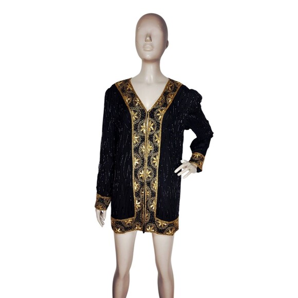 Vintage 80s 90s Royal Feelings 100% Silk Gold Beaded Sequined Jacket Size L/XL - Picture 8 of 10